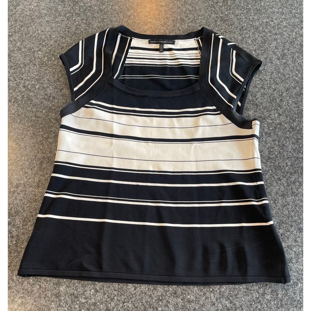 WHBM Top Size 1X Black White Striped Square Neck Cap Sleeve Stretch Knit Blouse - Picture 2 of 7